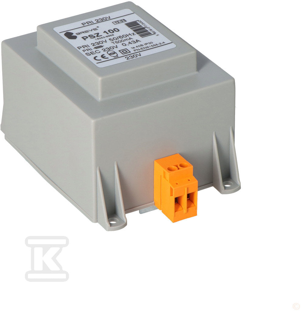 Transformator jednofazowy PSZ 100 230/230V IP30 na szynę DIN TH-35 w obudowie modułowej z zabezpieczeniem
