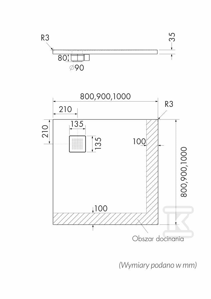 Brodzik kompozytowy 3.3101/S/ST-M2 Stabilsound Plus Grey Stone 90x90x3,5 cm "Kalait", kwadratowy z maskownicą M2