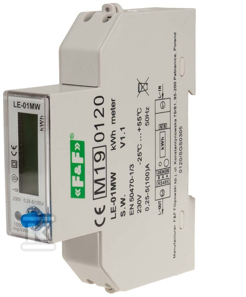 Jednofazowy licznik zużycia energii czynnej, biernej, Modbus RTU, wielotaryfowy.