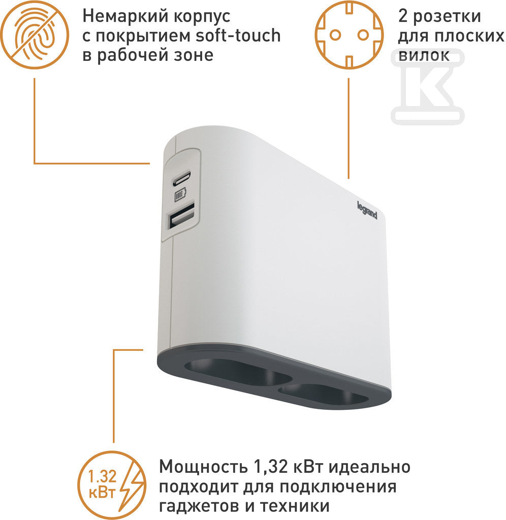Rozgałęźnik 2x2P, USB A+C - biały/grafitowy, HELMO