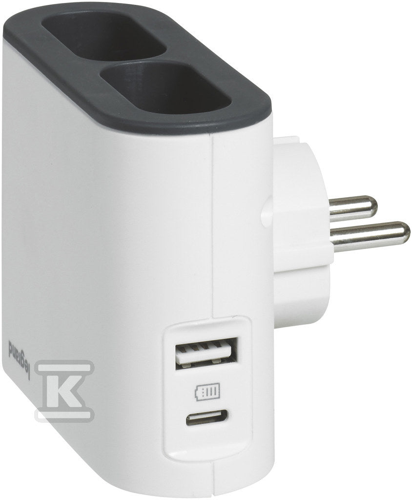 Rozgałęźnik 2x2P, USB A+C - biały/grafitowy, HELMO