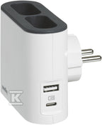 Rozgałęźnik 2x2P, USB A+C - biały/grafitowy, HELMO