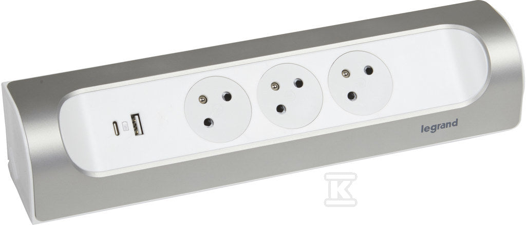 Przedłużacz narożny 3x2P+Z, USB A+C, bez przewodu (wielogniazdowy blok przenośny) - biały/aluminium, HELMO