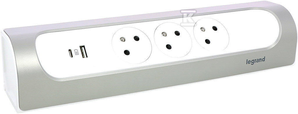 Przedłużacz narożny 3x2P+Z, USB A+C, bez przewodu (wielogniazdowy blok przenośny) - biały/aluminium, HELMO