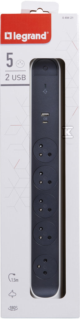 Przedłużacz PREMIUM, obrotowy, 5x2P+Z, USB A+C, z ogranicznikiem przepięć, z przewodem 1.5 metra 3x1.0 mm2 - biały/grafitowy, HELMO