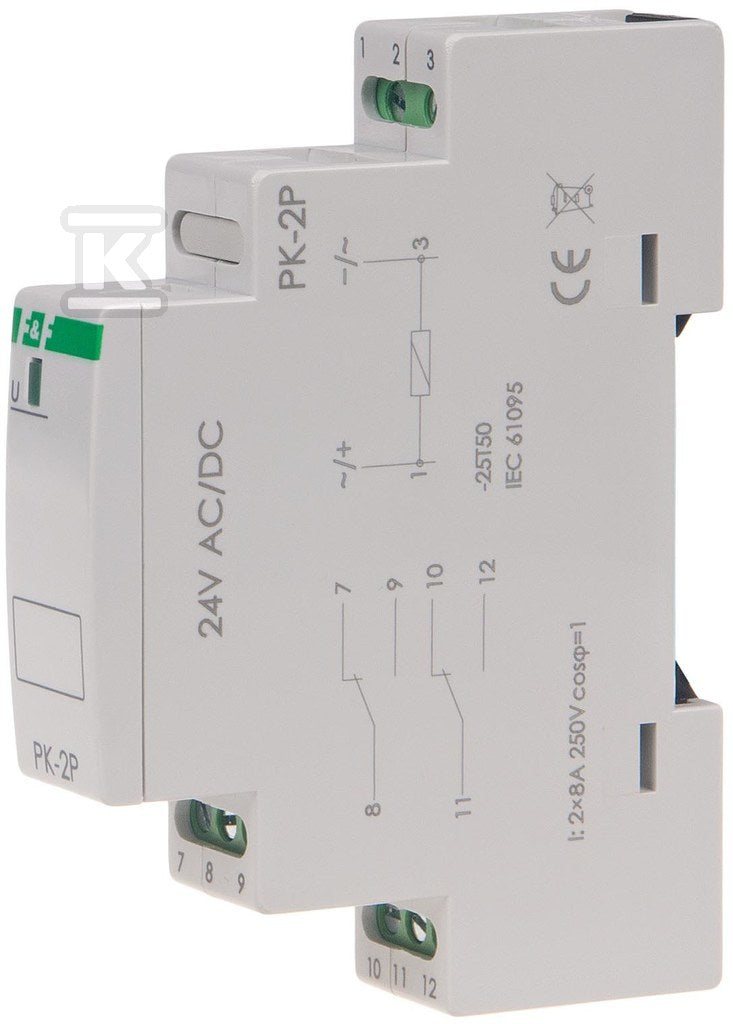 Przekaźnik elektromagnetyczny PK-2P 24V AC/DC, styk: 2P I=2x8A, 1 moduł
