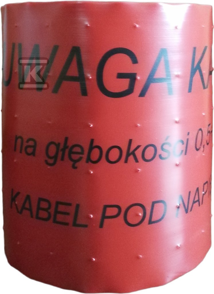 Taśma oznaczeniowa 252, czerwona, 300mm*100m (gr.0,5). Perforacja: ,,KABEL POD NAPIĘCIEM"