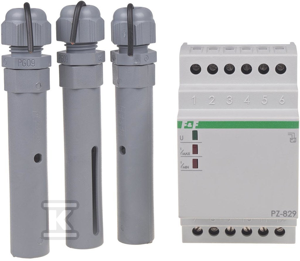 Przekaźnik kontroli poziomu cieczy PZ-829 dwustanowy, z sondami PZ2 w komplecie (3szt.), styki 2×1P, I=2×16A, 3 moduły