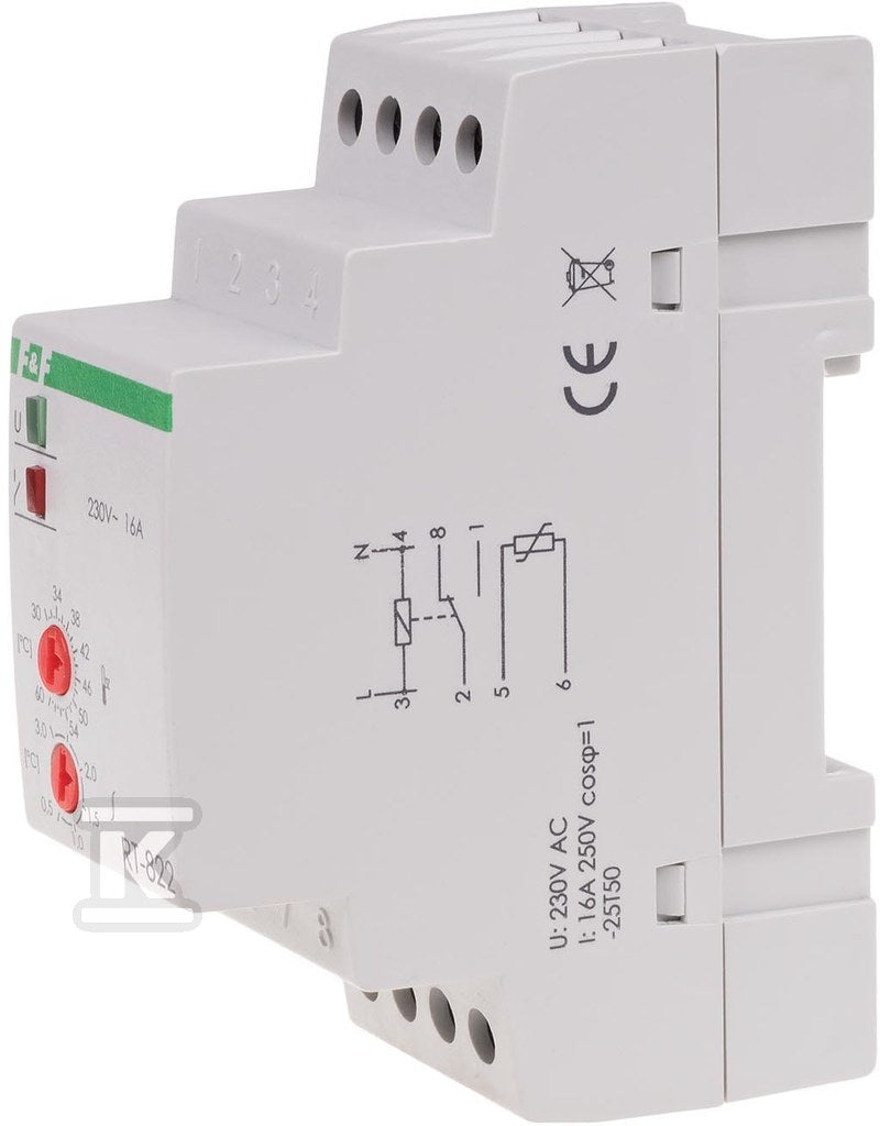 Regulator temperatury RT-822 z sondą w kmpl. zakres regulacji temp.: 30÷60°C, styki: 1P , I=16A, 2 moduły