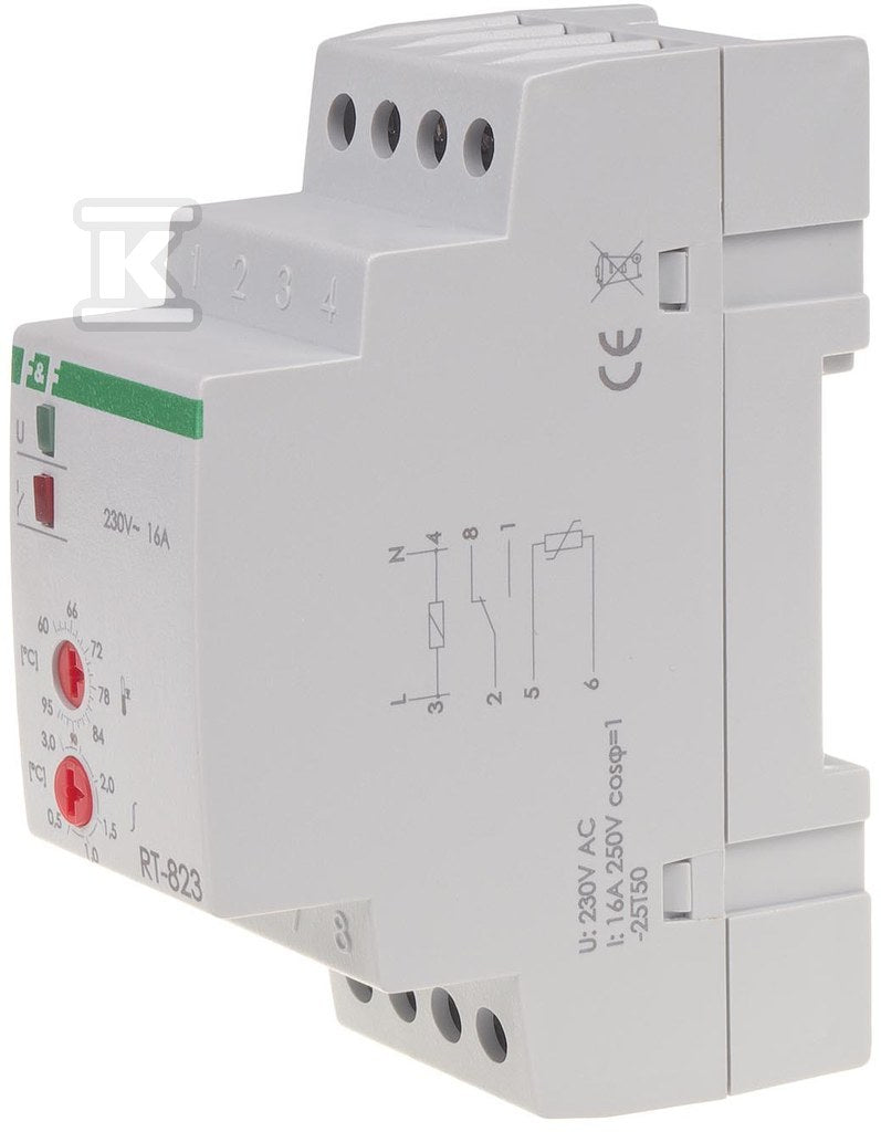 Regulator teperatury RT-823 z sondą w kmpl. zakres regulacji temp.: 60÷95°C, styki: 1P , I=16A, 2 moduły