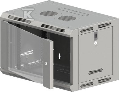 Szafa wisząca 19" 6U 600x500, niedzielona, drzwi szklane jednoskrzydłowe, tył osłona pełna, osłony boczne ruchome perforowane, kolor szary, 4 belki, FLAT PACK