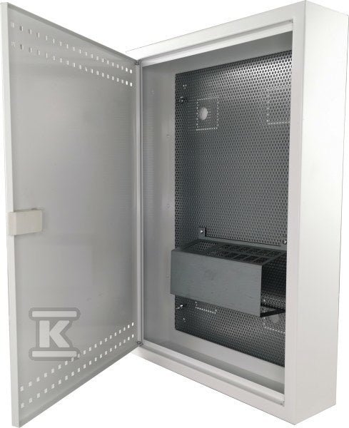 Szafka mieszkaniowa, teletechniczna, FTTH 500x350x90, natynkowa, drzwi perforowane, 1xgn. elektryczne, 14xgn. Keystone ALANTEC
