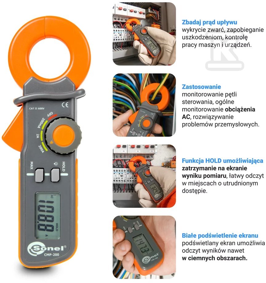 CMP-200 Cyfrowy miernik cęgowy cat.II,600V IP40, 3 podzakresy pomiarowe 200mA,2A,200A z Certyfikatem Kalibracji