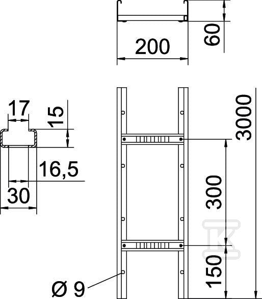 Drabina kablowa LG 60/200/1,5 3M, ocynk ogniowo-zanurzeniowy typ LG 620 VS 3 FT