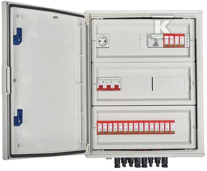 Rozdzielnica przyłączeniowa DCAC hermetyczna IP66 EMITER z ogranicznikiem przepięć DC Dehn 1000V typu 2, 5 x łańcuch PV, 5 x MPPT // ogr. AC Dehn typ 2, 100A 3-F, FR 100A, syg. faz + gniazdko