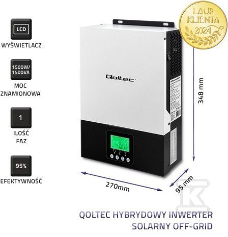 Falownik hybrydowy jednofazowy Qoltec off-grid 53875, 1,5kW 1MPPT, WIFI, 2 lata gwarancji