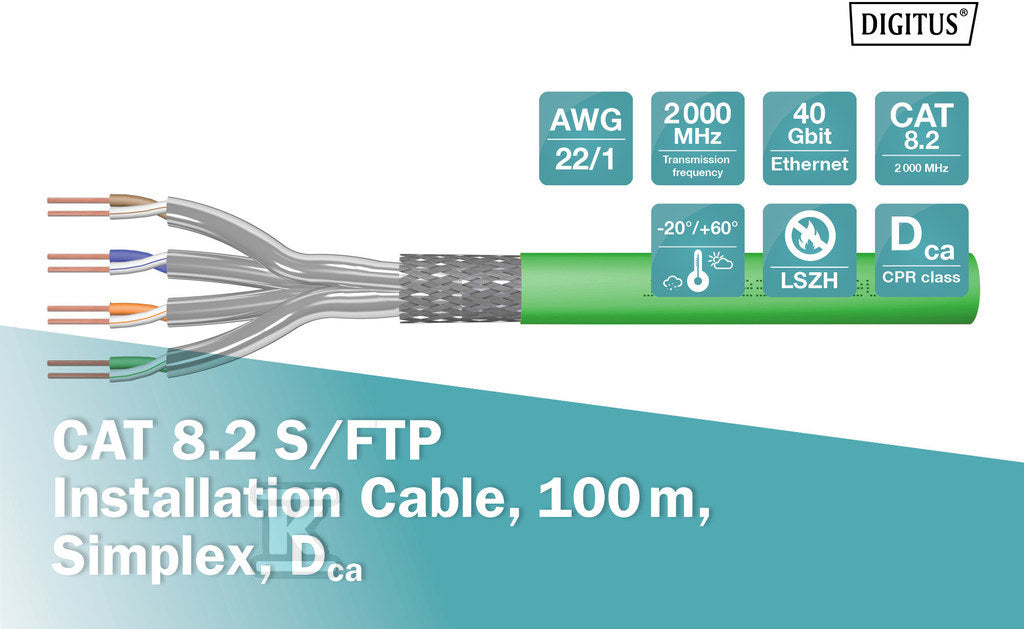 Kabel instalacyjny DIGITUS kat.8.2, S/FTP, Dca, AW G 22/1, LSOH, 100m, zielony