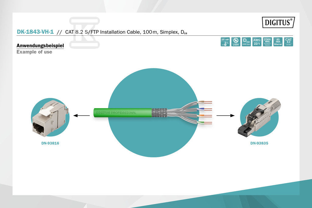 Kabel instalacyjny DIGITUS kat.8.2, S/FTP, Dca, AW G 22/1, LSOH, 100m, zielony