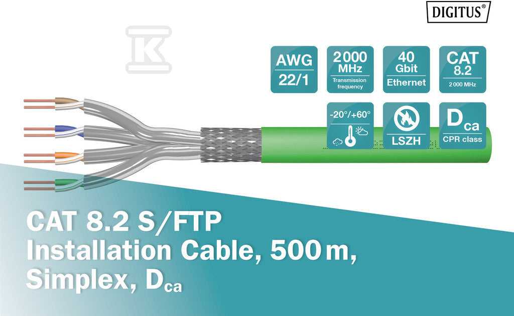 Kabel instalacyjny DIGITUS kat.8.2, S/FTP, Dca, AW G 22/1, LSOH, 500m, zielony, szpula