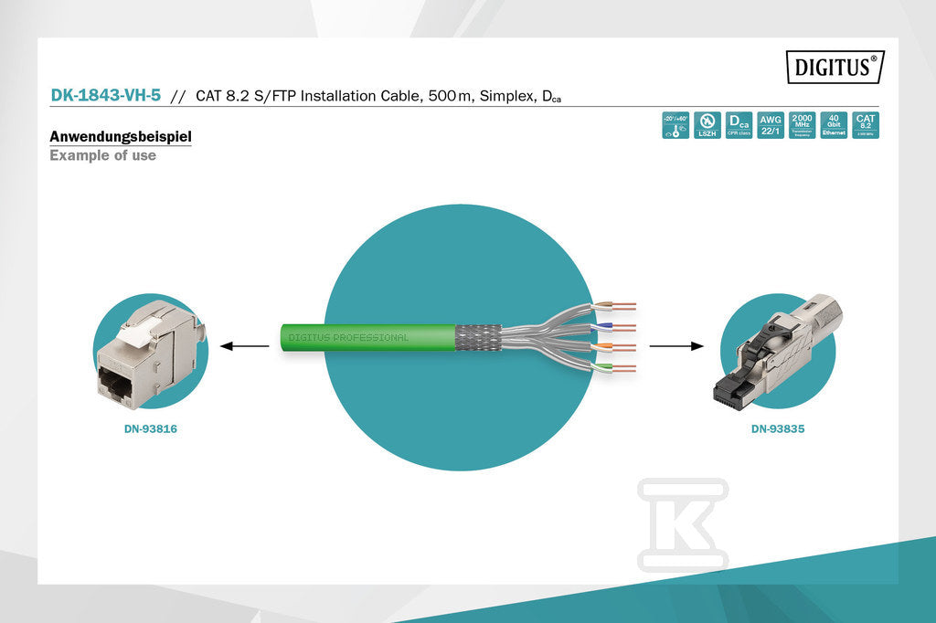 Kabel instalacyjny DIGITUS kat.8.2, S/FTP, Dca, AW G 22/1, LSOH, 500m, zielony, szpula