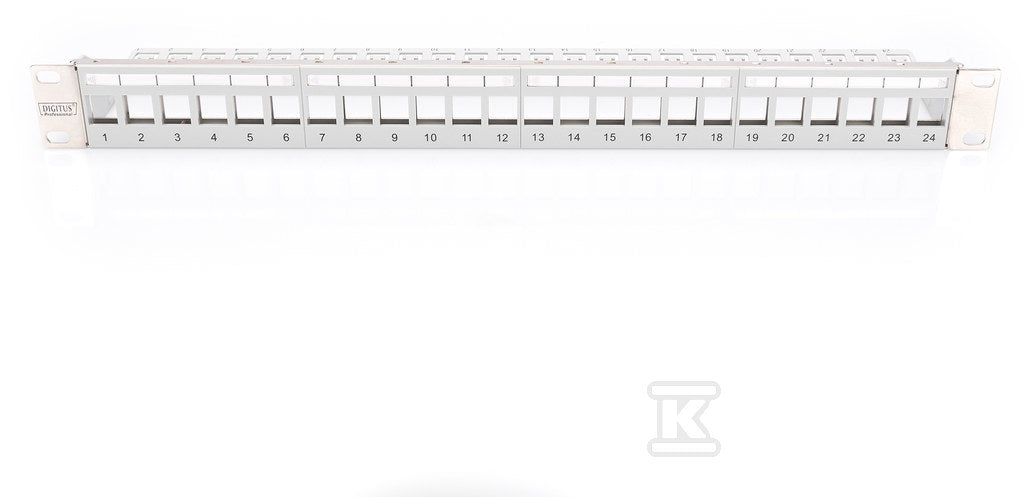 Panel krosowy modularny 19" 24x keystone, ekranowa ny,1U,szary,prowadnica kabli,wymienne pola opisowe