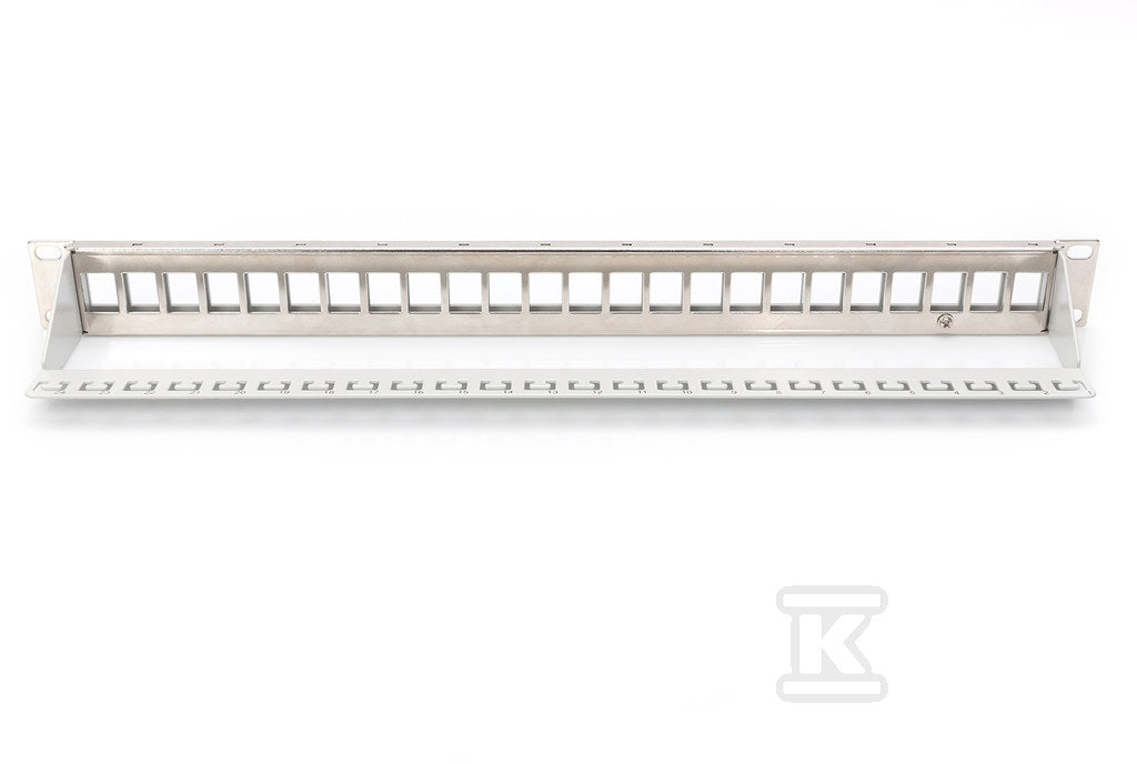 Panel krosowy modularny 19" 24x keystone, ekranowa ny,1U,szary,prowadnica kabli,wymienne pola opisowe