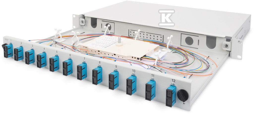 Panel krosowy FO bez płyty czołowej 19'' 1U, wysuw any, dławnica PG13.5 i PG16, opaski/uchwyty, szary