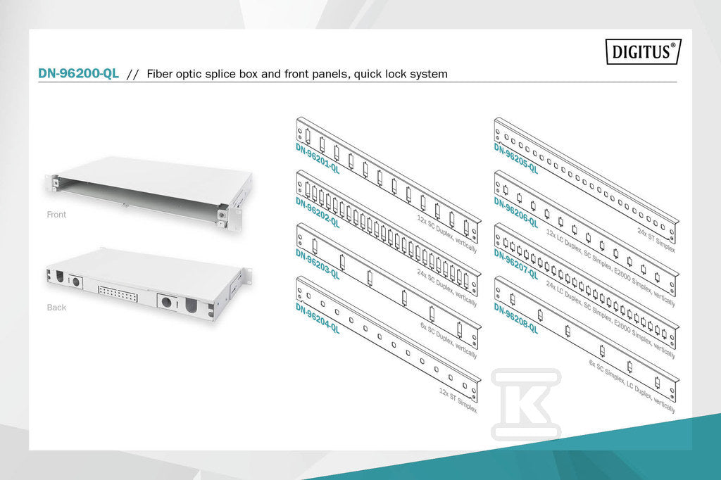 Panel krosowy FO bez płyty czołowej 19'' 1U, wysuw any, dławnica PG13.5 i PG16, opaski/uchwyty, szary