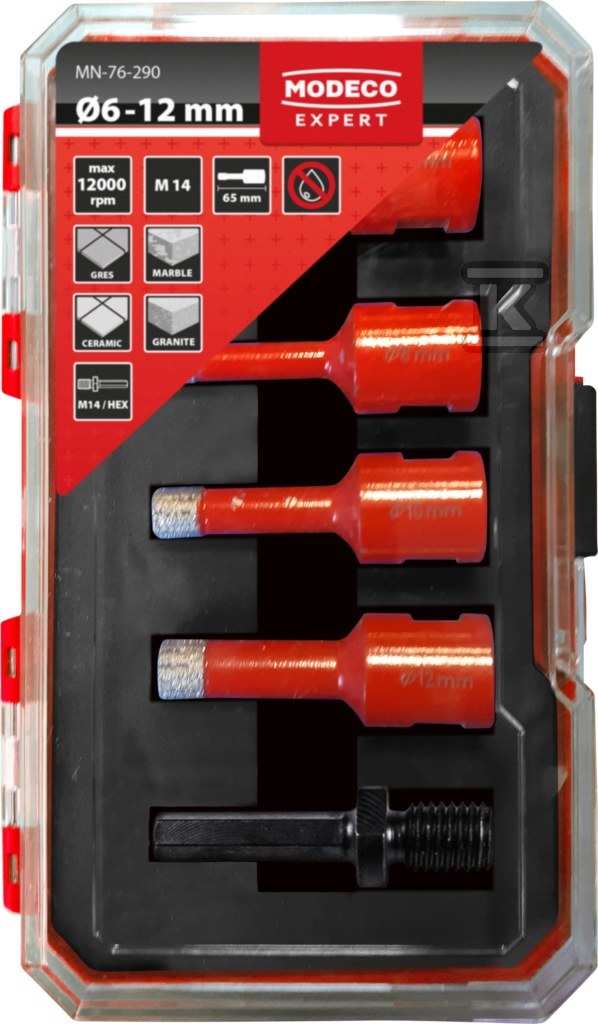Zestaw otwornic diamentowych HEX 5, 6, 8, 10, 12mm max 3200 obr/min 5cz