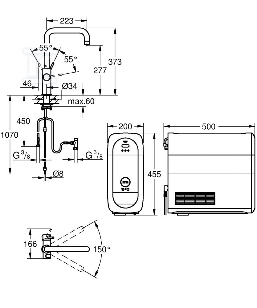 Zestaw startowy Grohe Blue Home z wylewką w kształcie U, chrom, bateria, filtr 600 l, chłodziarka i butla CO2, dostęp do wody zwykłej i filtrowanej / gazowanej, kąt obrotu wylewki 150° moduł Buetooth, głowica Ceramiczna 28 mm