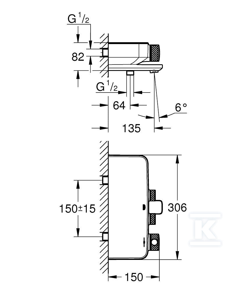 Bateria wannowa Grohe Grohtherm SmartControl z termostatem, chrom, montaż ścienny natynkowy, blokada bezpieczeństwa, przełącznik SmartControl, nienagrzewający się korpus, radełkowane uchwyty, półka EasyReach
