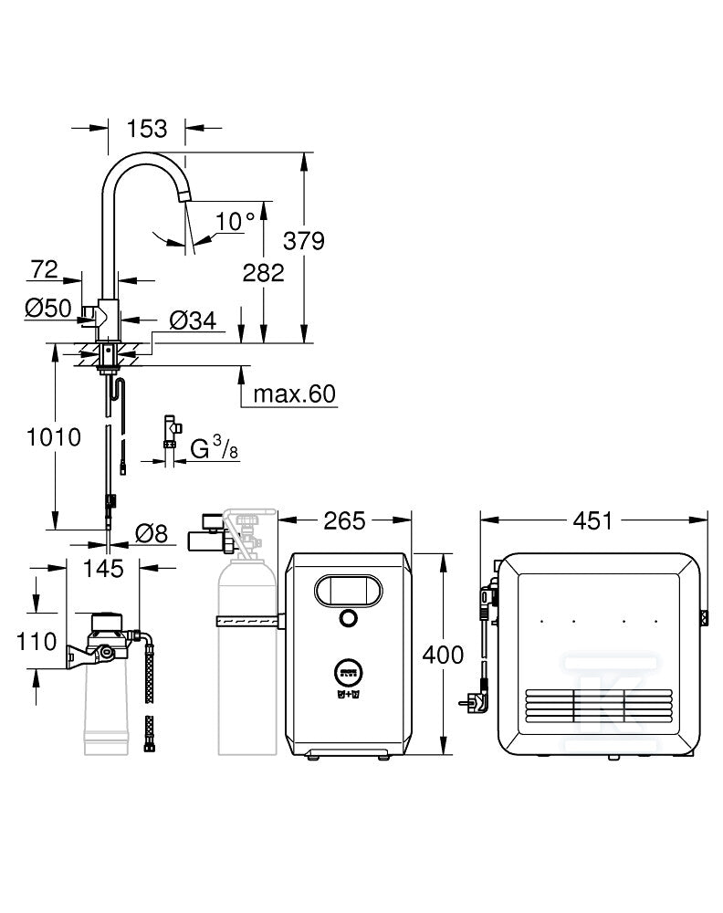 Zestaw Grohe Blue Professional z wylewką w kształcie C, stal nierdzewna, zawór sztorcowy i chłodziarka, dostęp tylko do wody filtrowanej / gazowanej, kąt obrotu wylewki 150° moduł Buetooth, większa wydajność - do 12 l schłodzonej wody na godzinę