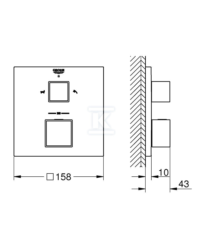Bateria wannowa Grohe Grohtherm Cube termostatyczna do obsługi dwóch wyjść wody, brushed hard graphite, montaż ścienny podtynkowy, blokada bezpieczeństwa, przełącznik wyjść wody zintegrowany z regulacją ciśnienia, metalowa rozeta, nadrukowane symbole