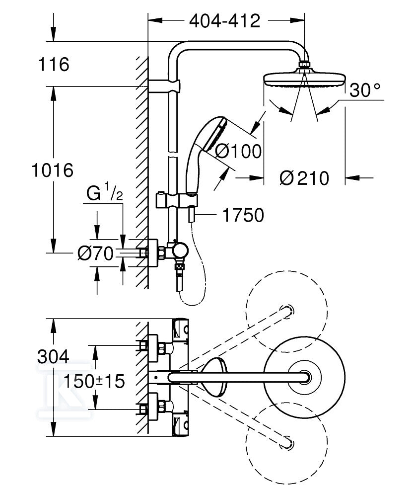 Bau System 210 System prysznicowy z termostatem do montażu ściennego, chrom, w zestawie: poziome obrotowe ramię 390 mm, termostat natynkowy, deszczownica, słuchawka prysznicowa, regulowany uchwyt prysznica, wąż prysznicowy 1750 mm