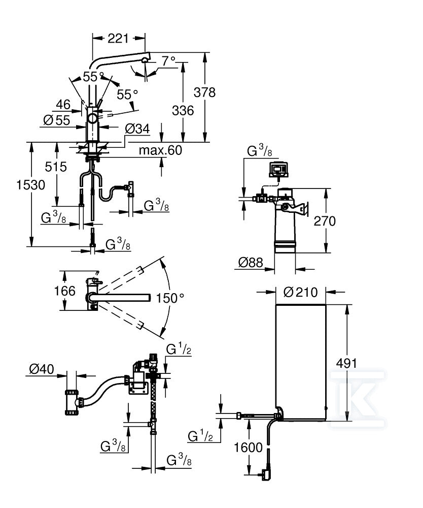 System gotujący wodę Grohe Red Duo kuchenny, chrom, bateria i bojler 7 l, dostęp do wody zwykłej i wrzątku, głowica Ceramiczna 28 mm, blokada bezpieczeństwa, kąt obrotu wylewki typu L 150° filtr w zestawie
