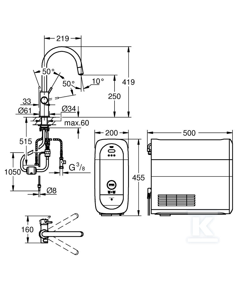 Zestaw startowy Grohe Blue Home z wylewką w kształcie C, stal nierdzewna, bateria, filtr 600 l, chłodziarka i butla CO2, dostęp do wody zwykłej i filtrowanej / gazowanej, kąt obrotu wylewki 360° moduł Buetooth, głowica Ceramiczna 28 mm, wyciągana wylewka