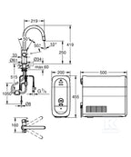 Zestaw startowy Grohe Blue Home z wylewką w kształcie C, stal nierdzewna, bateria, filtr 600 l, chłodziarka i butla CO2, dostęp do wody zwykłej i filtrowanej / gazowanej, kąt obrotu wylewki 360° moduł Buetooth, głowica Ceramiczna 28 mm, wyciągana wylewka