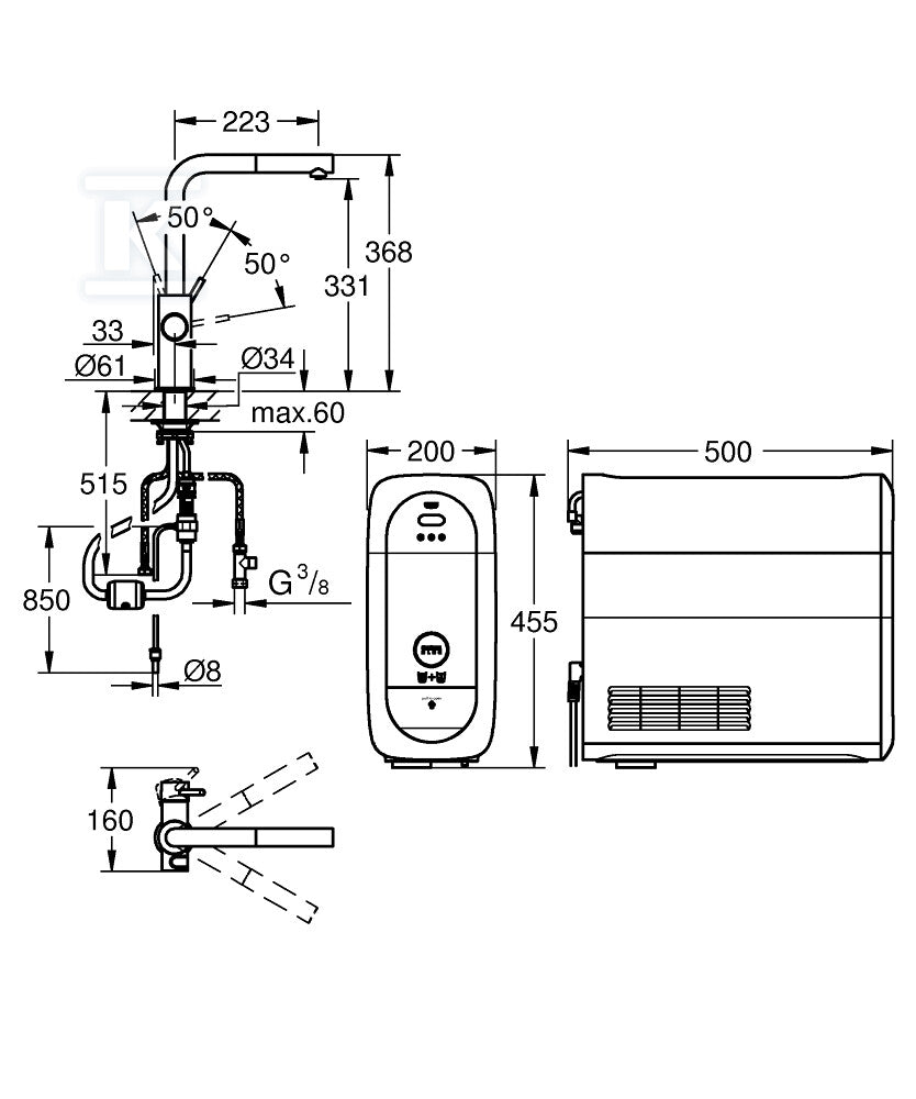 Zestaw startowy Grohe Blue Home z wylewką w kształcie L, chrom, bateria, filtr 600 l, chłodziarka i butla CO2, dostęp do wody zwykłej i filtrowanej / gazowanej, kąt obrotu wylewki 360° moduł Buetooth, głowica Ceramiczna 28 mm, wyciągana wylewka