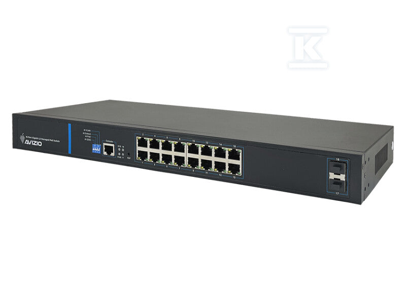 Zarządzalny przełącznik L2 (switch) 16 portów RJ45 PoE+ 1Gb/s + 2 porty SFP Uplink 1Gb/s (budżet mocy 150W) + 1 port konsolowy RJ45 AVIZIO