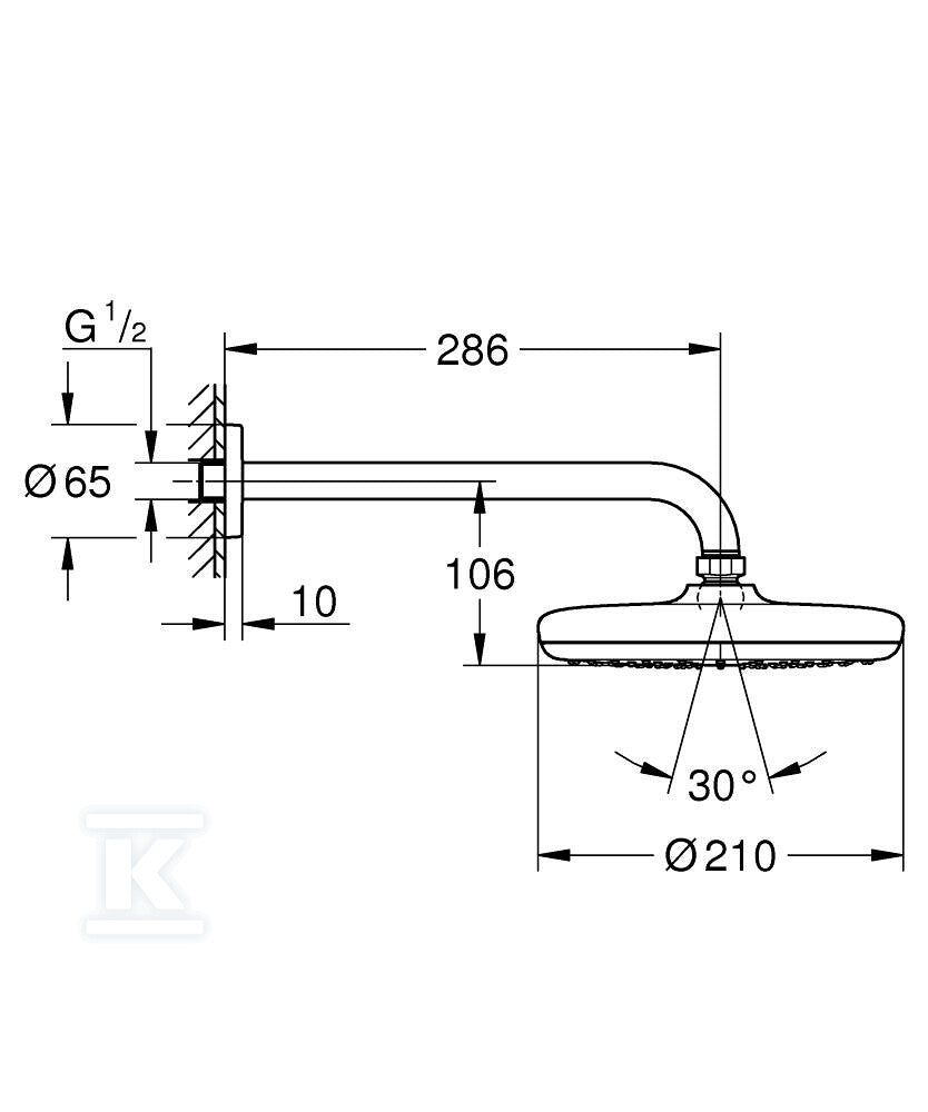 Tempesta 210 Deszczownica z ramieniem 286 mm, 1 strumień (Rain), matte black, oszczędność wody Water Saving, ogranicznik przepływu 9,5 l/min