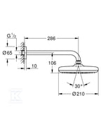 Tempesta 210 Deszczownica z ramieniem 286 mm, 1 strumień (Rain), matte black, oszczędność wody Water Saving, ogranicznik przepływu 9,5 l/min