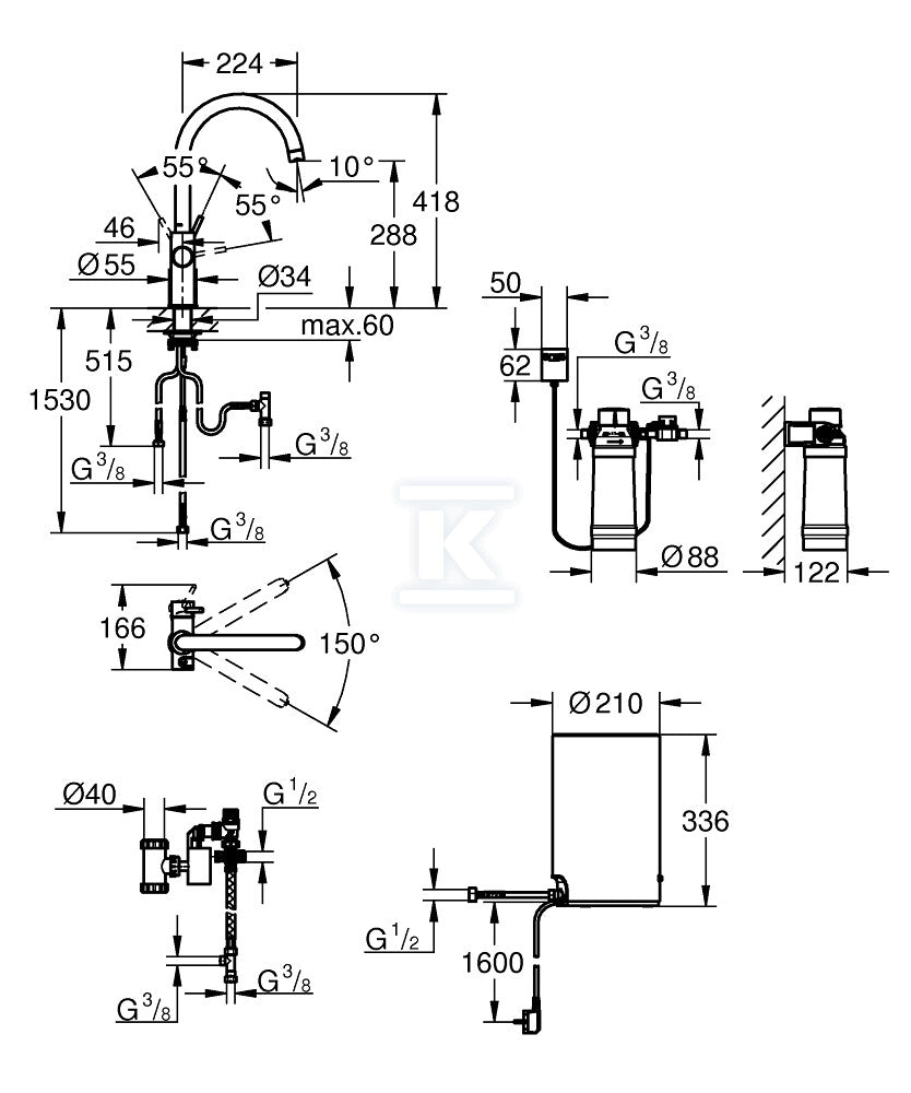 System gotujący wodę Grohe Red Duo kuchenny, brushed hard graphite, bateria i bojler 4 l, dostęp do wody zwykłej i wrzątku, głowica Ceramiczna 28 mm, blokada bezpieczeństwa, kąt obrotu wylewki typu C 150° filtr w zestawie