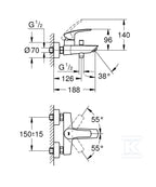 Bateria wannowa Eurosmart Jednouchwytowa do obsługi dwóch wyjść wody, naścienna, metalowa dźwignia, SilkMove głowica ceramiczna 35 mm, regulowany ogranicznik strumienia przepływu, Long-Life trwała powłoka, przełącznik: wanna/prysznic