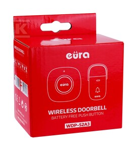 Dzwonek bezprzewodowy "EURA" WDP-52A3 - kinetyczny, biały, możliwość rozbudowy, AC 230V, 38 melodii, zasięg do 200m, IP55, wizytownik