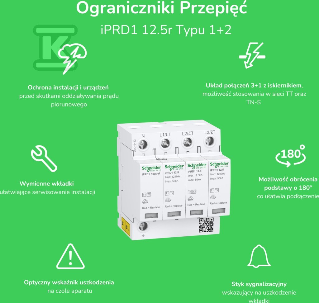 Ogranicznik przepięć 3-biegunowy, Typ 2, 1000 VDC, 40 kA, ze stykiem pomocniczym iPRD-DC40r-T2-3-1000