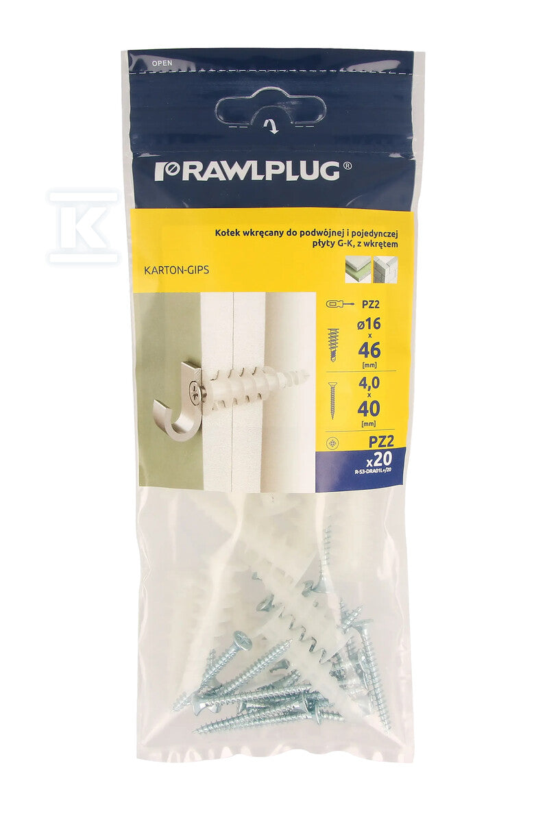 DRA-01-L Przedłużony kołek wkręcany do podwójnej i pojedynczej płyty G-K z wkrętem 4,0x40 mm, opakowanie 100