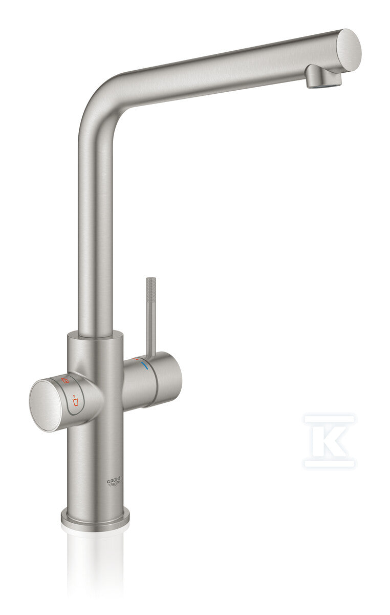 System gotujący wodę Grohe Red Duo kuchenny, stal nierdzewna, bateria i bojler 4 l, dostęp do wody zwykłej i wrzątku, głowica Ceramiczna 28 mm, blokada bezpieczeństwa, kąt obrotu wylewki typu L 150° filtr w zestawie