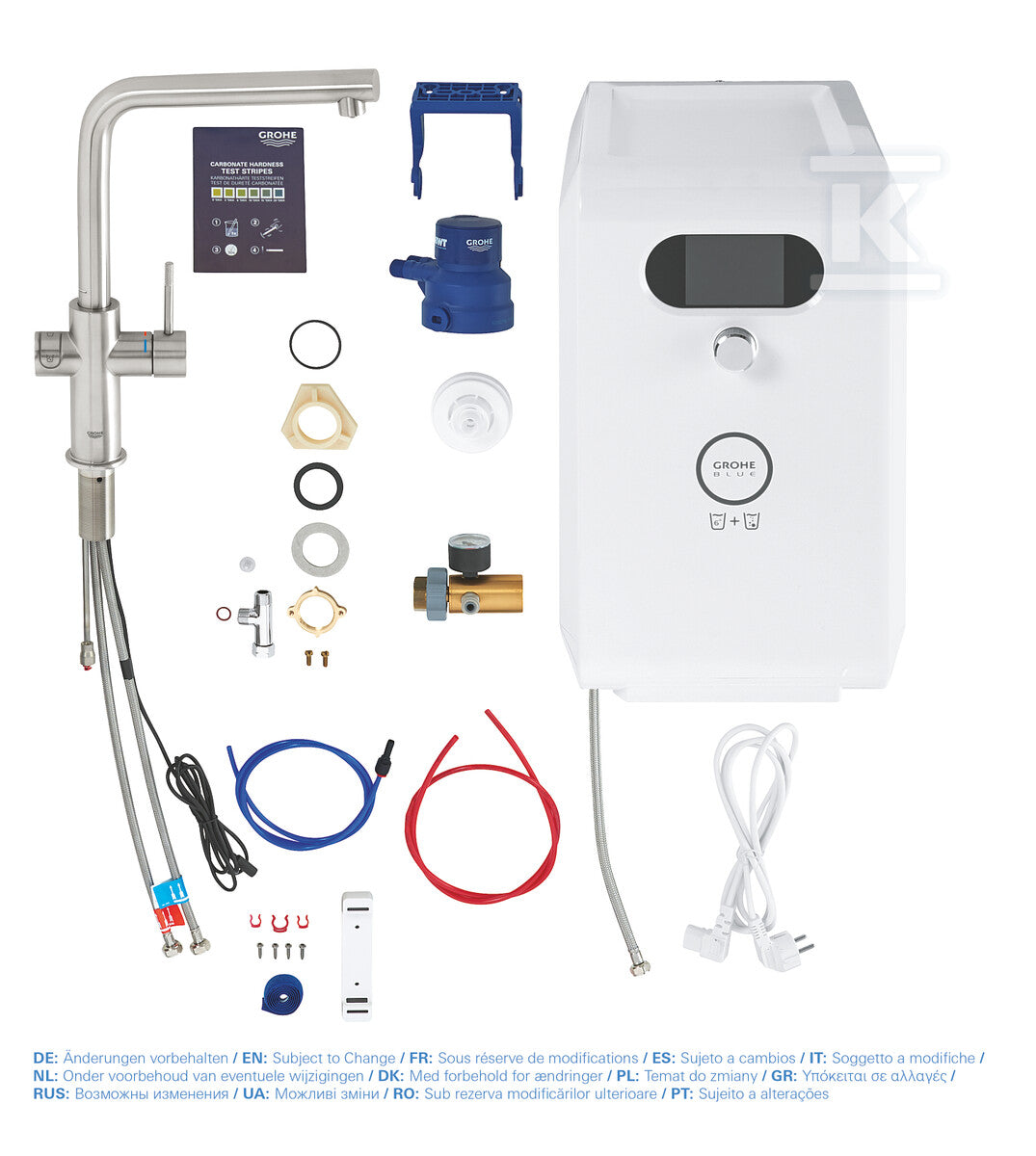 Zestaw Grohe Blue Professional z wylewką w kształcie L, stal nierdzewna, bateria i chłodziarka, dostęp do wody zwykłej i filtrowanej / gazowanej, kąt obrotu wylewki 150° moduł Buetooth, głowica Ceramiczna 28 mm, większa wydajność - do 12 l schłodzonej