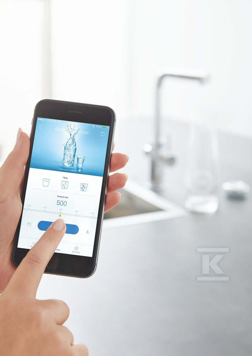 Zestaw startowy Grohe Blue Home z wylewką w kształcie L, chrom, bateria, filtr 600 l, chłodziarka i butla CO2, dostęp do wody zwykłej i filtrowanej / gazowanej, kąt obrotu wylewki 360° moduł Buetooth, głowica Ceramiczna 28 mm, wyciągana wylewka