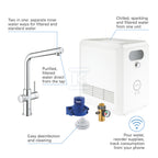 Zestaw Grohe Blue Professional z wylewką w kształcie L, chrom, bateria i chłodziarka, dostęp do wody zwykłej i filtrowanej / gazowanej, kąt obrotu wylewki 150° moduł Buetooth, głowica Ceramiczna 28 mm